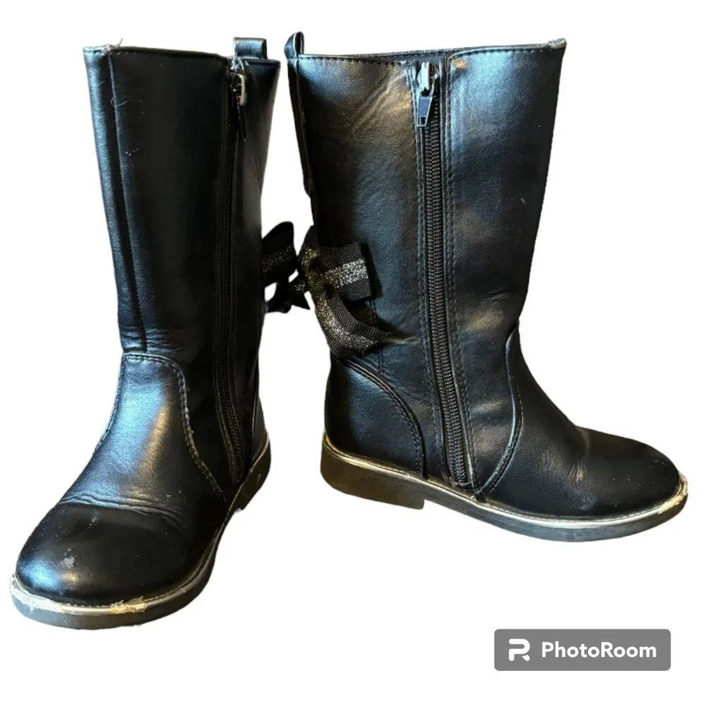 Olive and Edie girl's Tasha Faux Leather black tall‎ boots bow sz 9M
